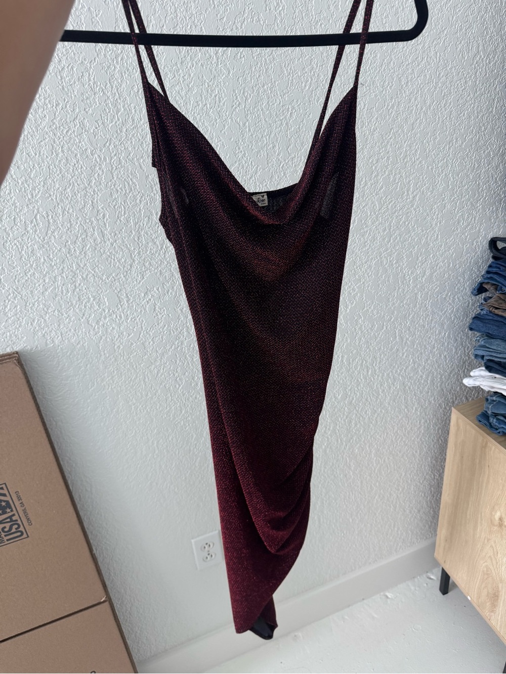 Spaghetti Strap Cowl Neck Midi Dress in Deep Wine